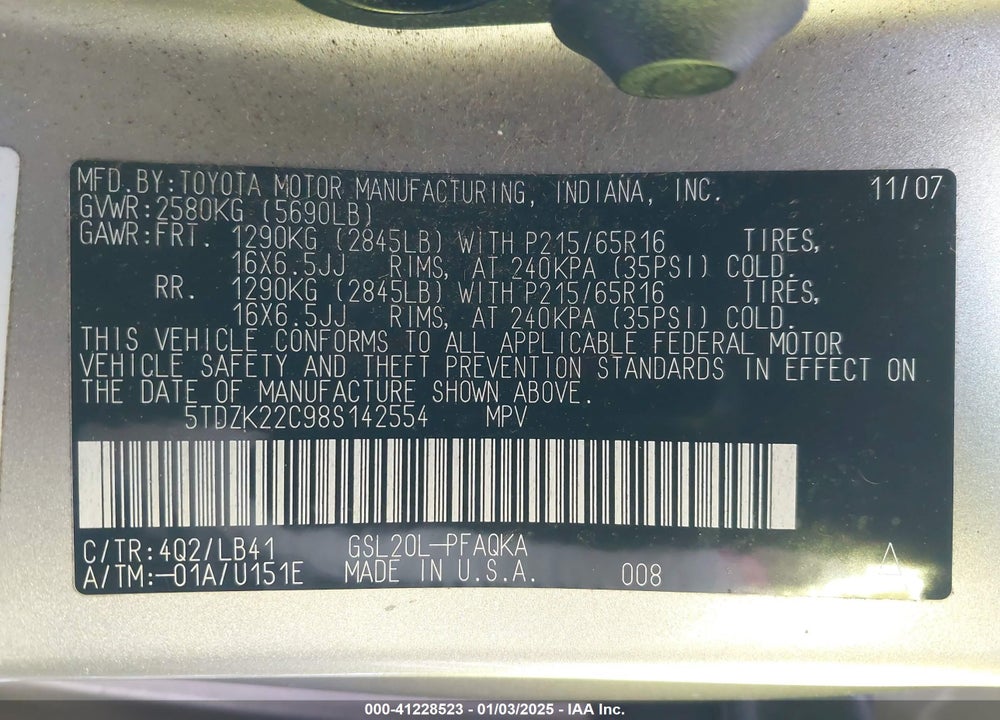 2008 TOYOTA SIENNA XLE VIN: 5TDZK22C98S142554
