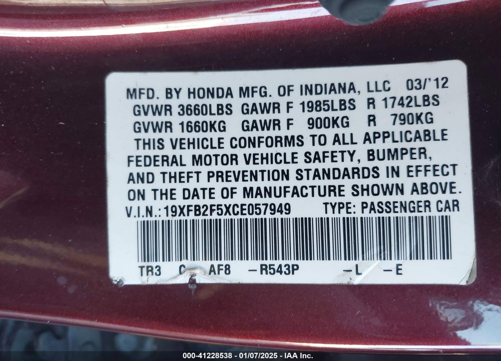 2012 HONDA CIVIC SDN LX VIN: 19XFB2F5XCE057949
