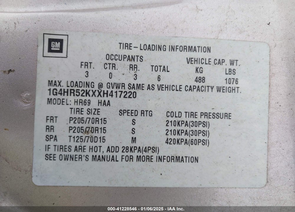 1999 BUICK LESABRE LIMITED CMI VIN: 1G4HR52KXXH417220