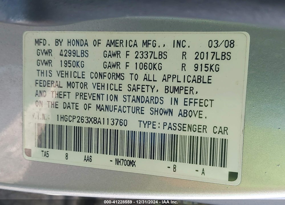 2008 HONDA ACCORD 2.4 LX VIN: 1HGCP263X8A113760