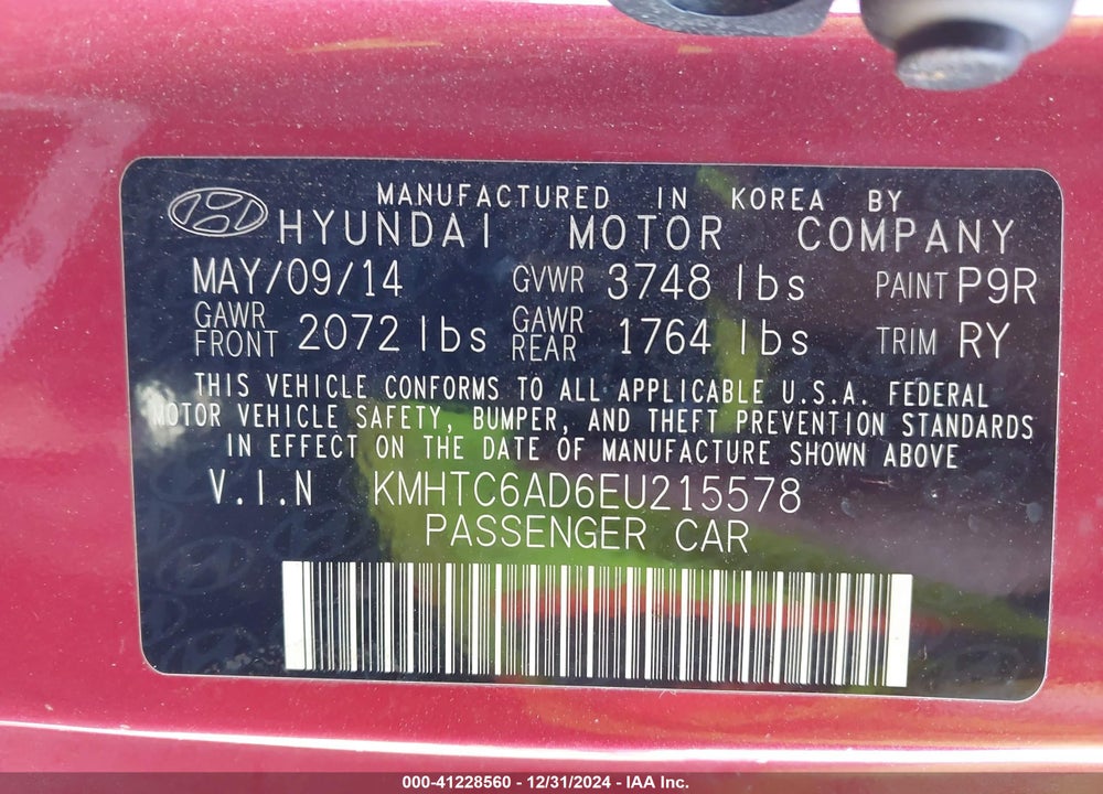 2014 HYUNDAI VELOSTER VIN: KMHTC6AD6EU215578