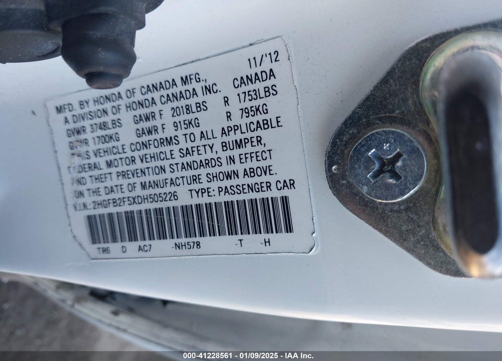 2013 HONDA CIVIC VIN: 2HGFB2F5XDH505226
