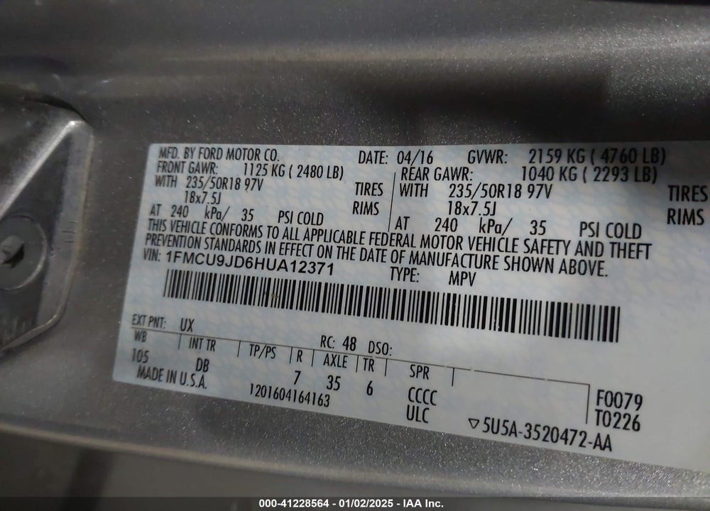 2017 FORD ESCAPE TITANIUM VIN: 1FMCU9JD6HUA12371