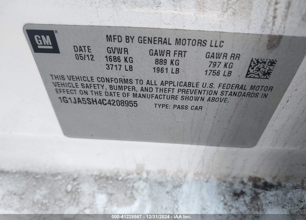 2012 CHEVROLET SONIC VIN: 1G1JA5SH4C4208955
