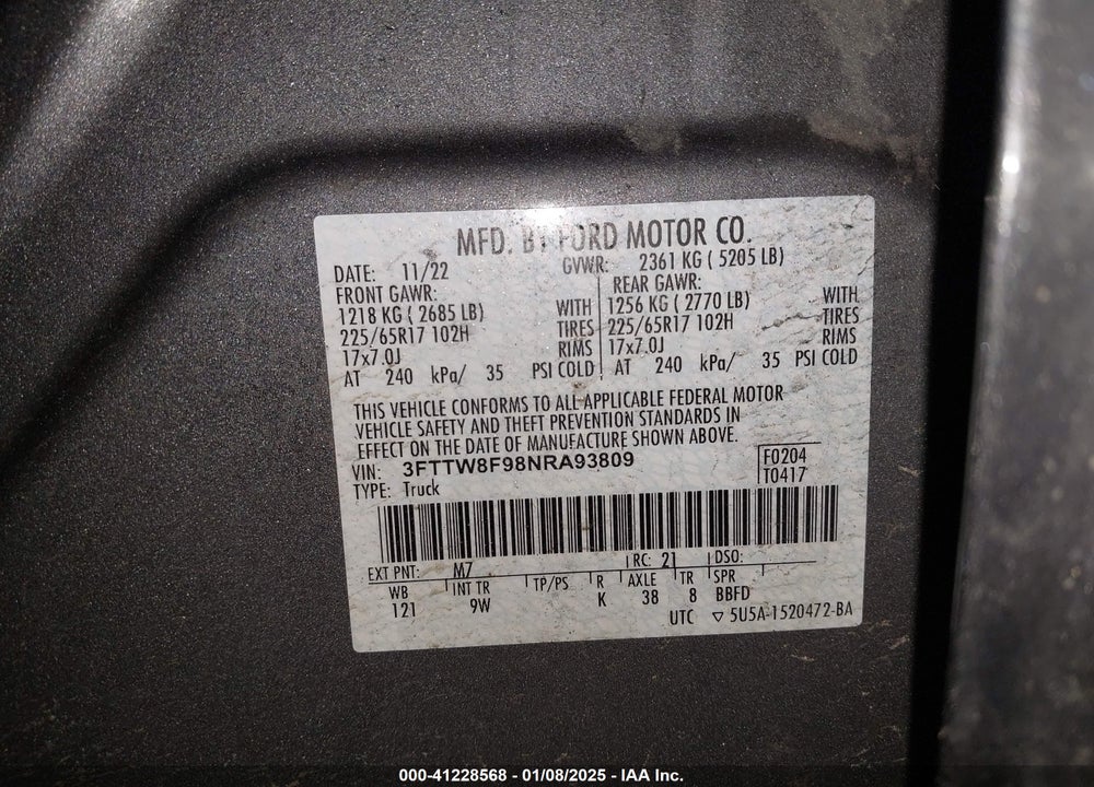2022 FORD MAVERICK VIN: 3FTTW8F98NRA93809
