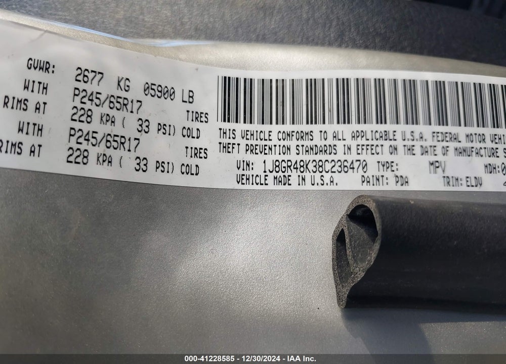 2008 JEEP GRAND CHEROKEE LAREDO VIN: 1J8GR48K38C236470