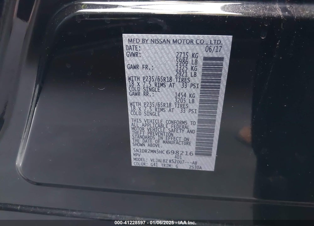 2017 NISSAN PATHFINDER S VIN: 5N1DR2MN5HC698216