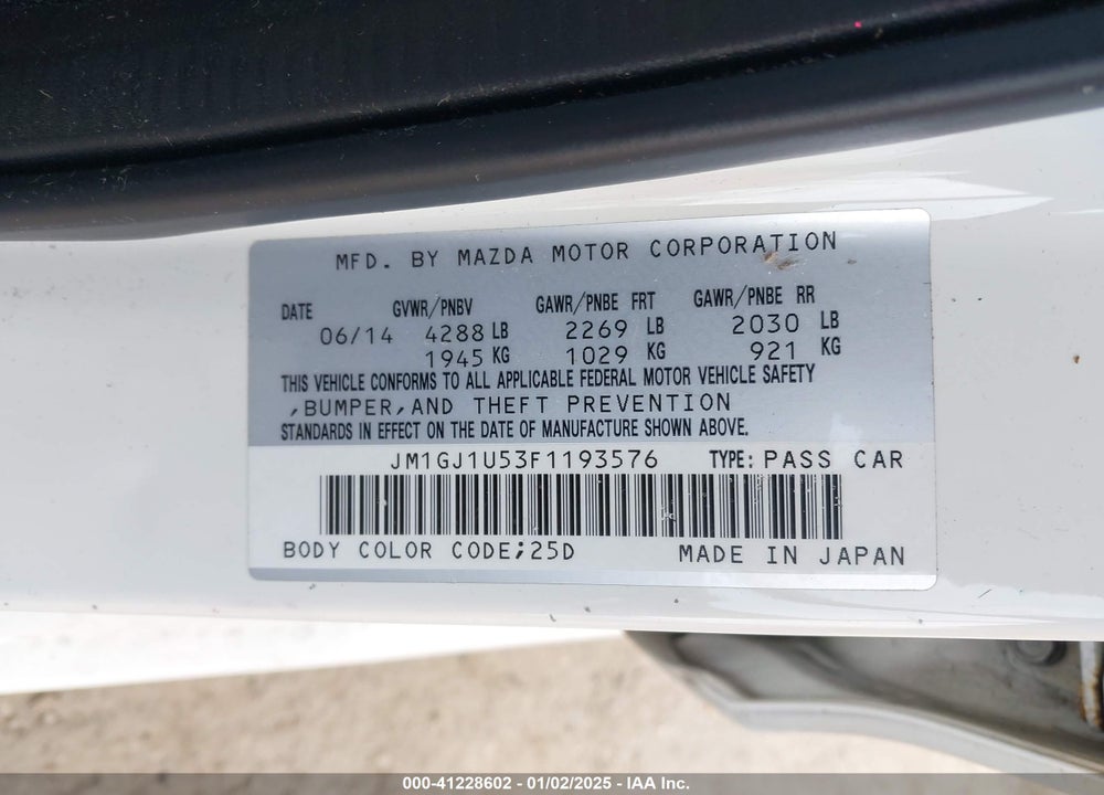 2015 MAZDA 6 VIN: JM1GJ1U53F1193576
