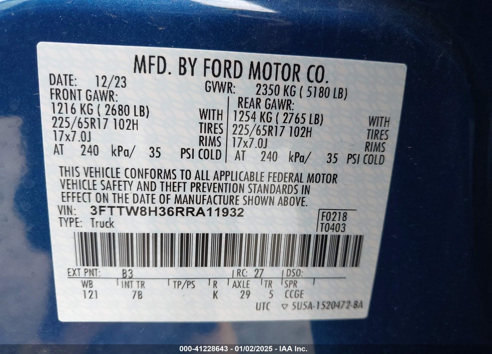 2024 FORD MAVERICK XLT VIN: 3FTTW8H36RRA11932