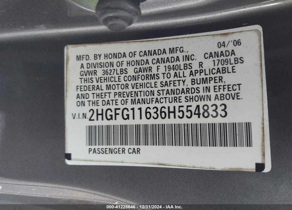 2006 HONDA CIVIC LX VIN: 2HGFG11636H554833