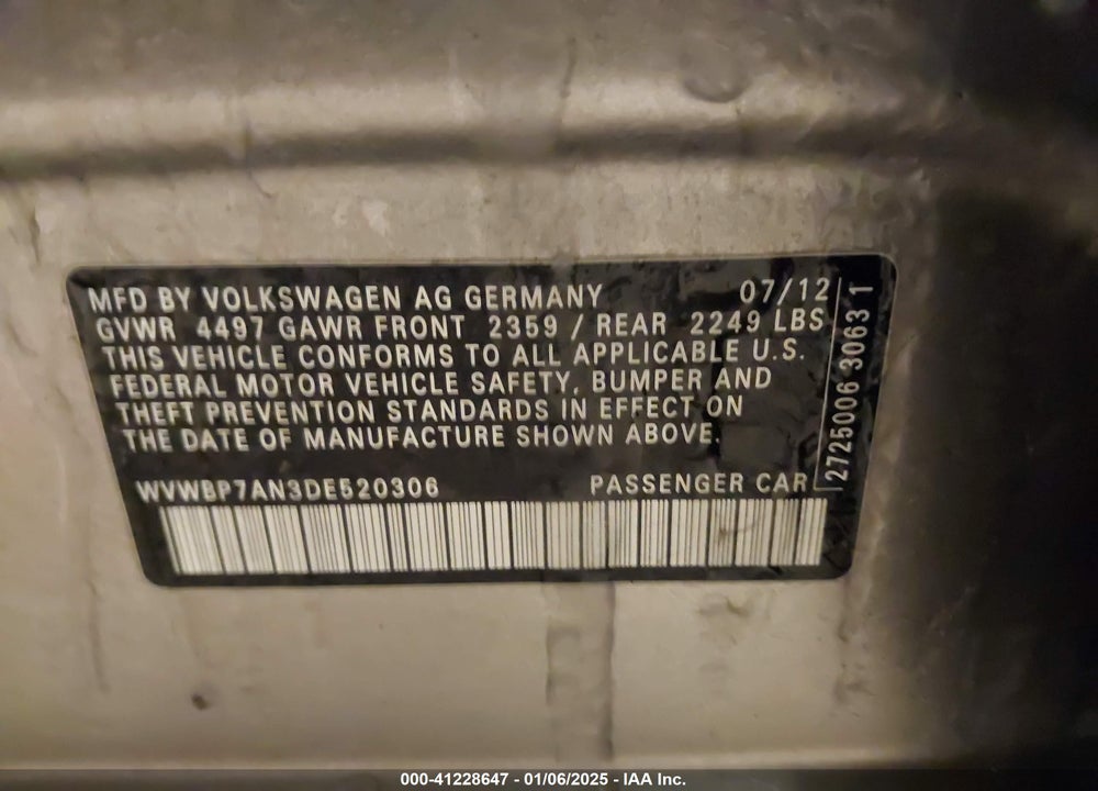 2013 VOLKSWAGEN CC VIN: WVWBP7AN3DE520306