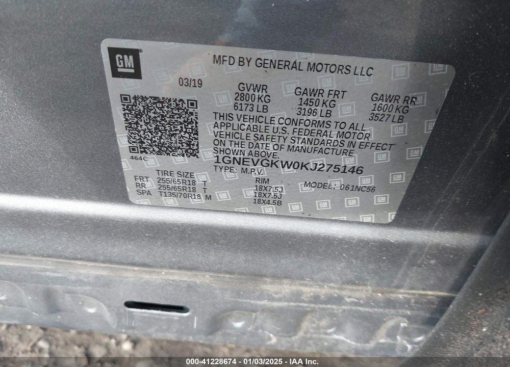 2019 CHEVROLET TRAVERSE 1LT VIN: 1GNEVGKW0KJ275146
