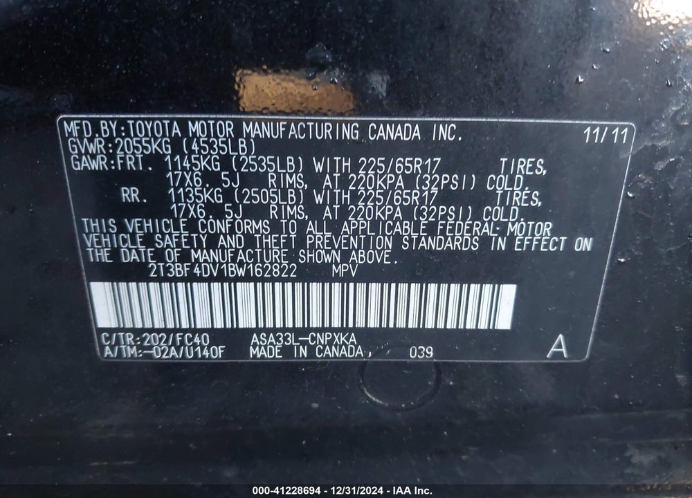 2011 TOYOTA RAV4 VIN: 2T3BF4DV1BW162822