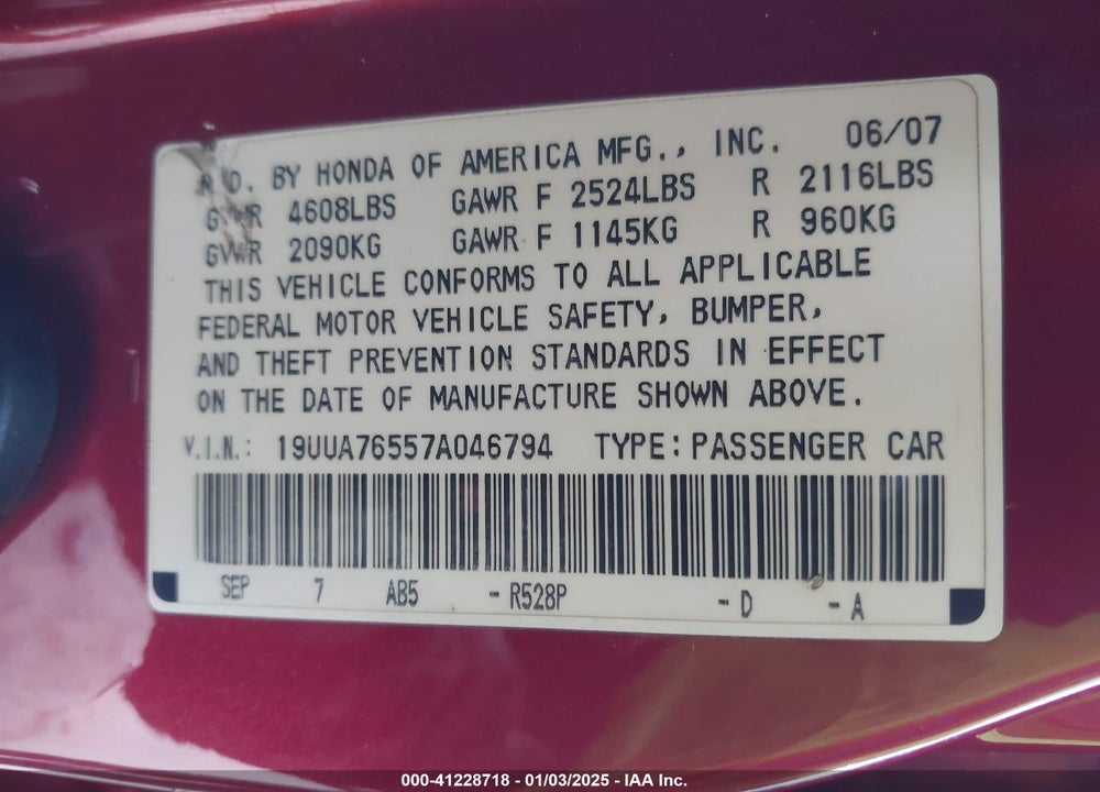 2007 ACURA TL TYPE S VIN: 19UUA76557A046794