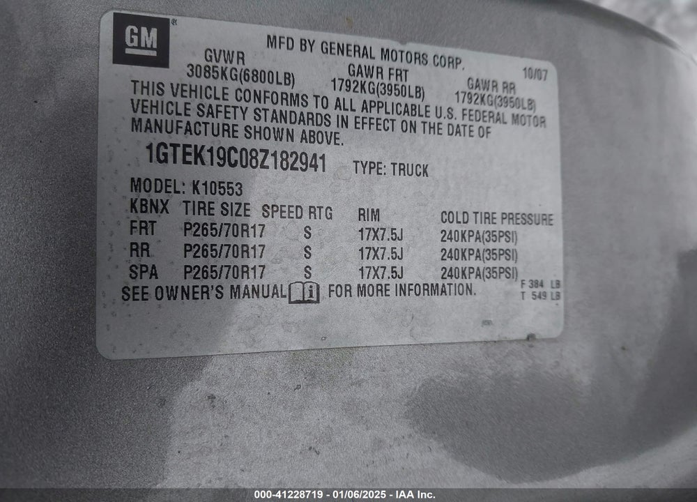 2008 GMC SIERRA 1500 WORK TRUCK VIN: 1GTEK19C08Z182941