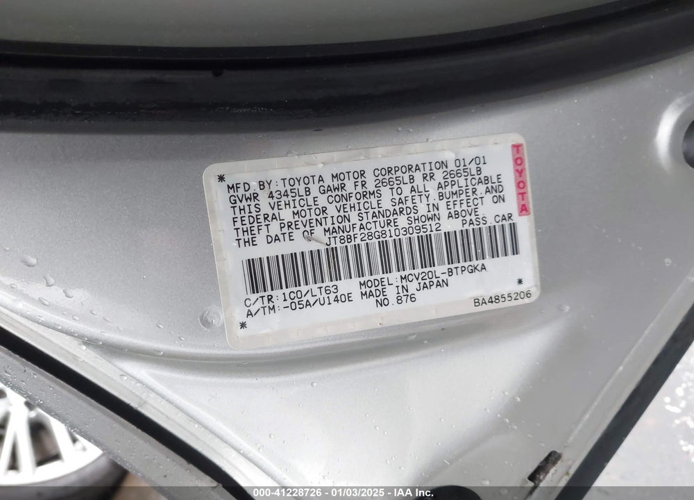 2001 LEXUS ES 300 VIN: JT8BF28G810309512