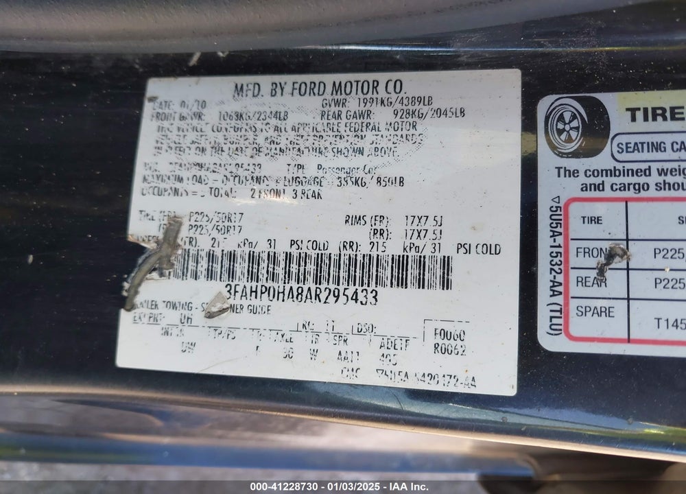 2010 FORD FUSION SE VIN: 3FAHP0HA8AR295433