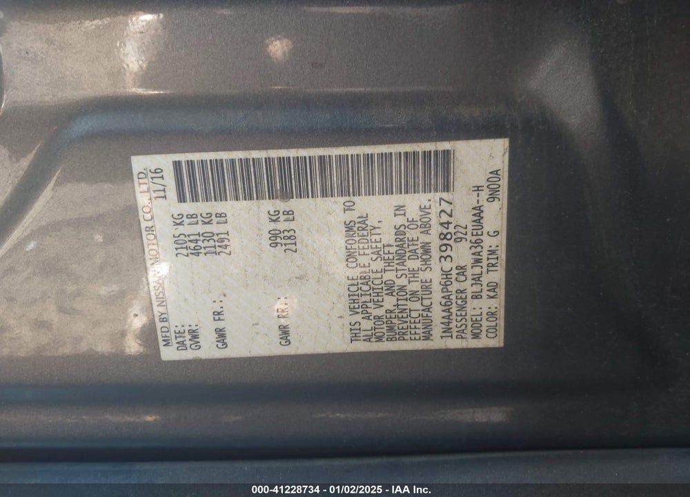 2017 NISSAN MAXIMA 3.5 SV VIN: 1N4AA6AP6HC398427