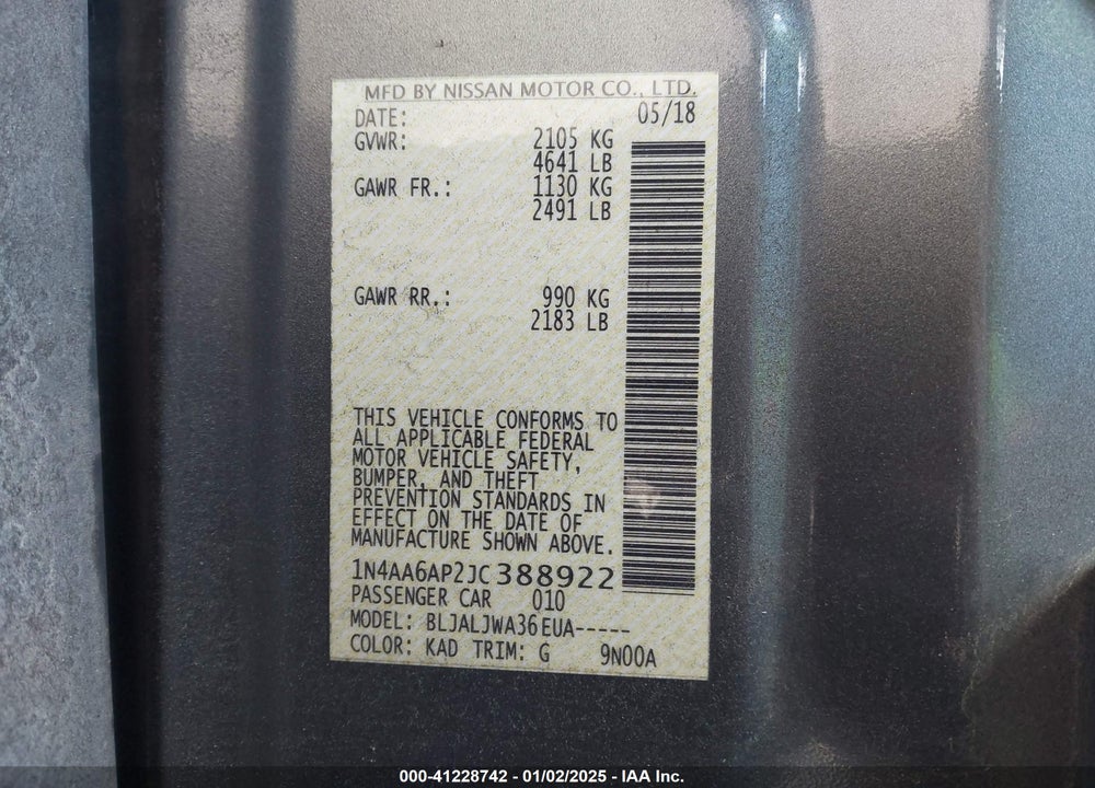 2018 NISSAN MAXIMA VIN: 1N4AA6AP2JC388922