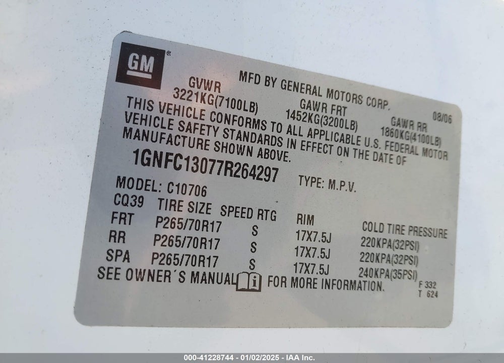 2007 CHEVROLET TAHOE LT VIN: 1GNFC13077R264297