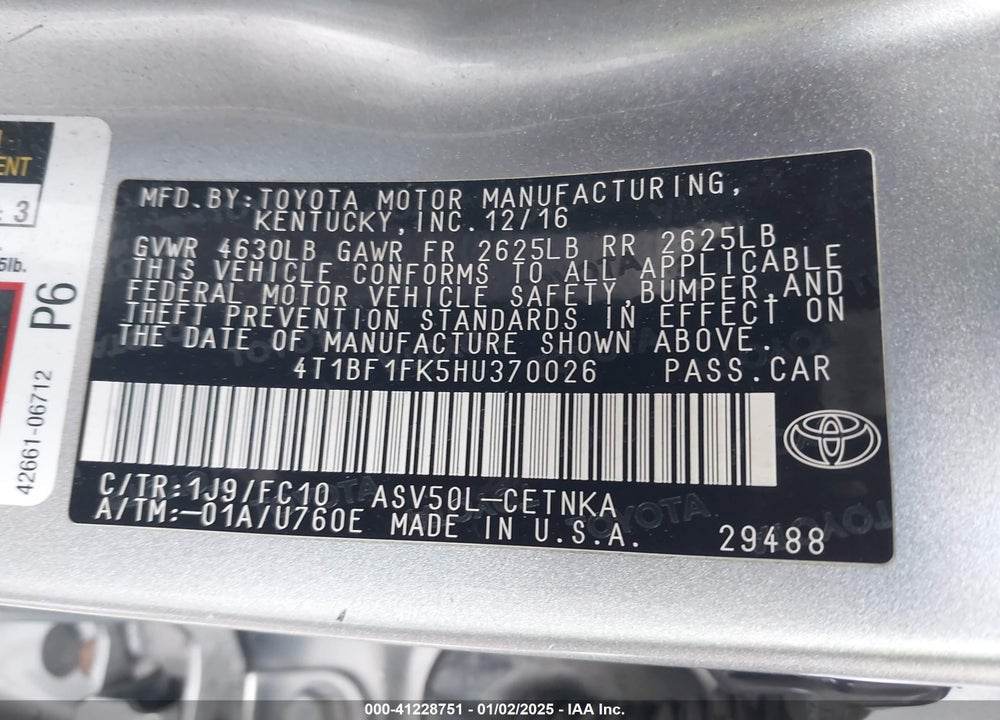 2017 TOYOTA CAMRY LE VIN: 4T1BF1FK5HU370026
