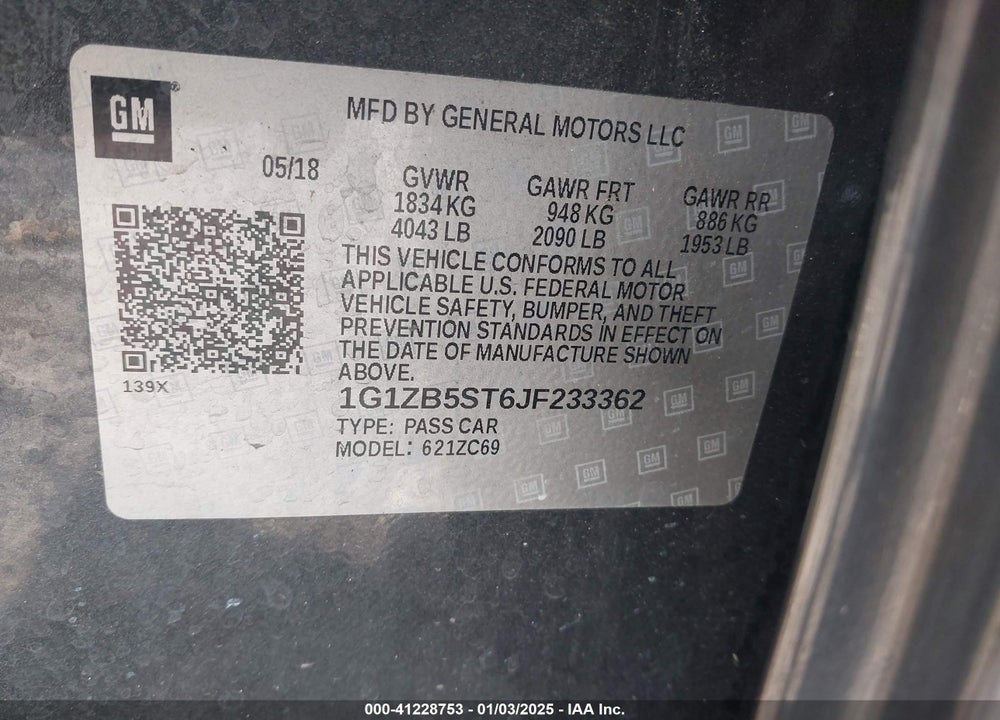 2018 CHEVROLET MALIBU VIN: 1G1ZB5ST6JF233362