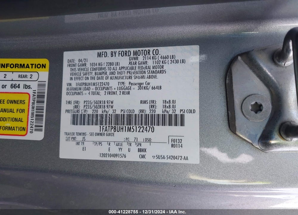 2021 FORD MUSTANG ECOBOOST PREMIUM VIN: 1FATP8UH1M5122470