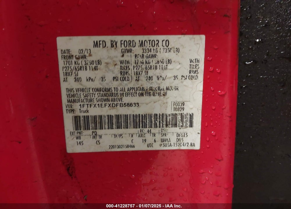 2013 FORD F150 VIN: 1FTFX1EFXDFB58633