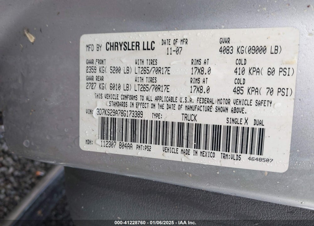 2008 DODGE RAM 2500 LARAMIE VIN: 3D7KS29A78G173389