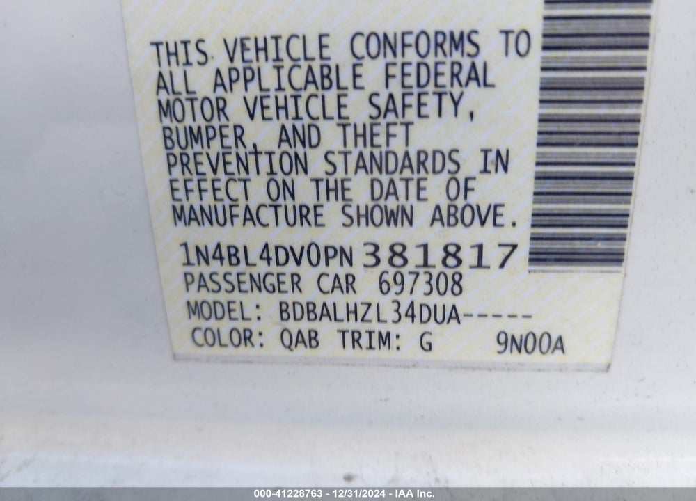 2023 NISSAN ALTIMA SV FWD VIN: 1N4BL4DV0PN381817