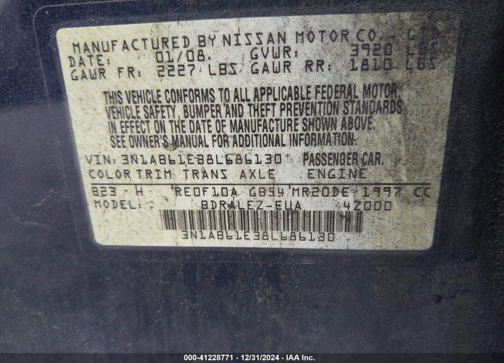 2008 NISSAN SENTRA VIN: 3N1AB61E38L686130