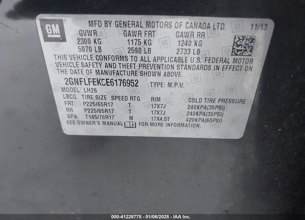 2014 CHEVROLET EQUINOX 1LT VIN: 2GNFLFEK5E6176952