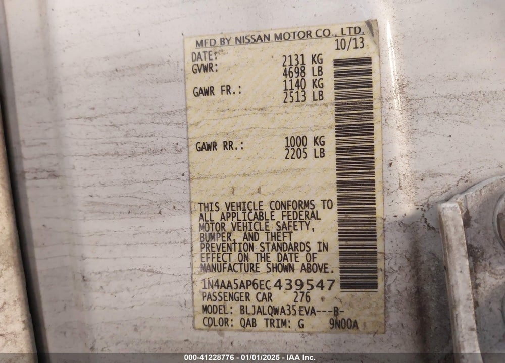 2014 NISSAN MAXIMA 3.5 S VIN: 1N4AA5AP6EC439547