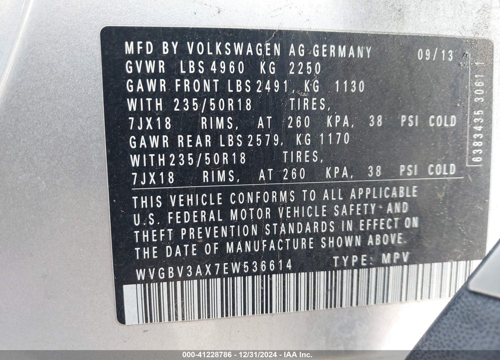 2014 VOLKSWAGEN TIGUAN SE VIN: WVGBV3AX7EW536614