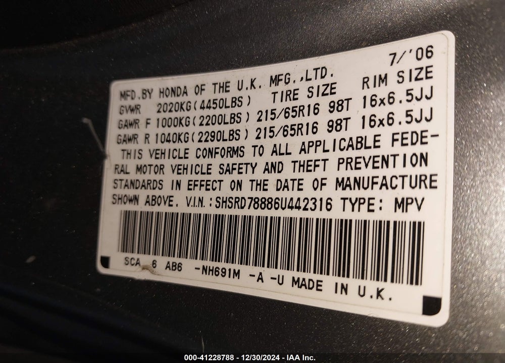 2006 HONDA CR-V EX VIN: SHSRD78886U442316