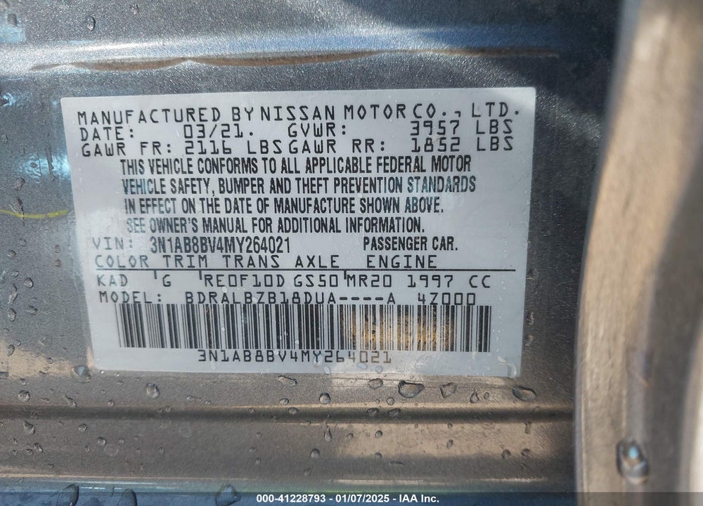 2021 NISSAN SENTRA VIN: 3N1AB8BV4MY264021