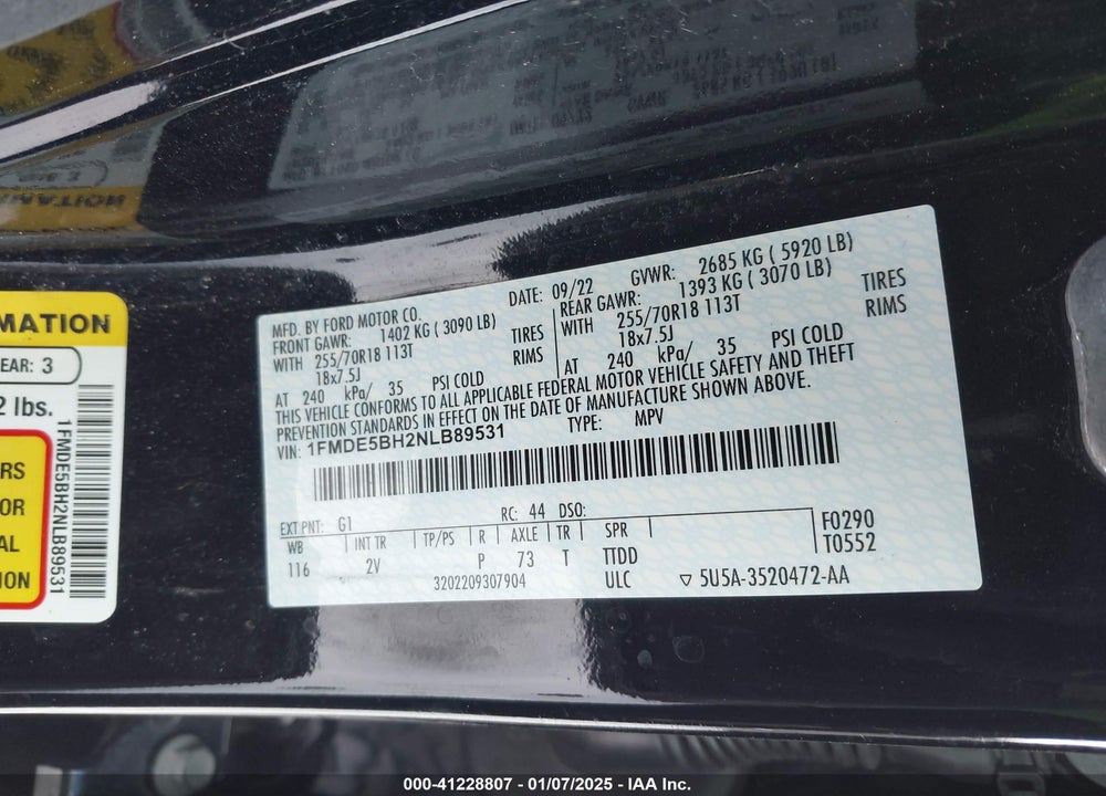 2022 FORD BRONCO BIG BEND/BLACK DIAMOND/OUTER BANKS VIN: 1FMDE5BH2NLB89531