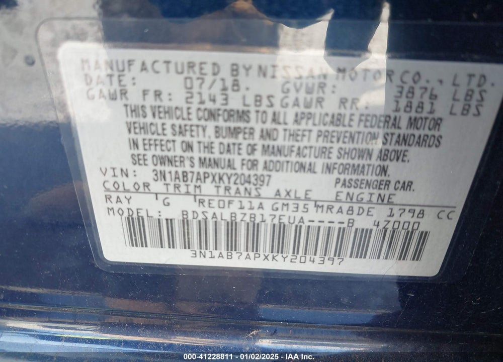 2019 NISSAN SENTRA VIN: 3N1AB7APXKY204397