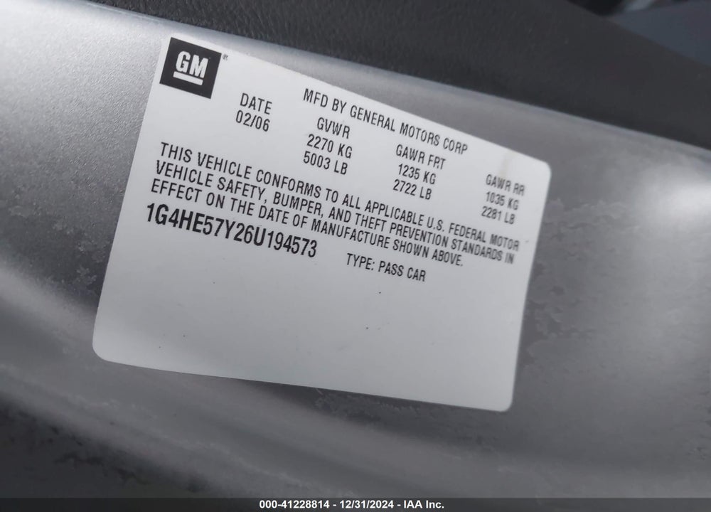 2006 BUICK LUCERNE VIN: 1G4HE57Y26U194573
