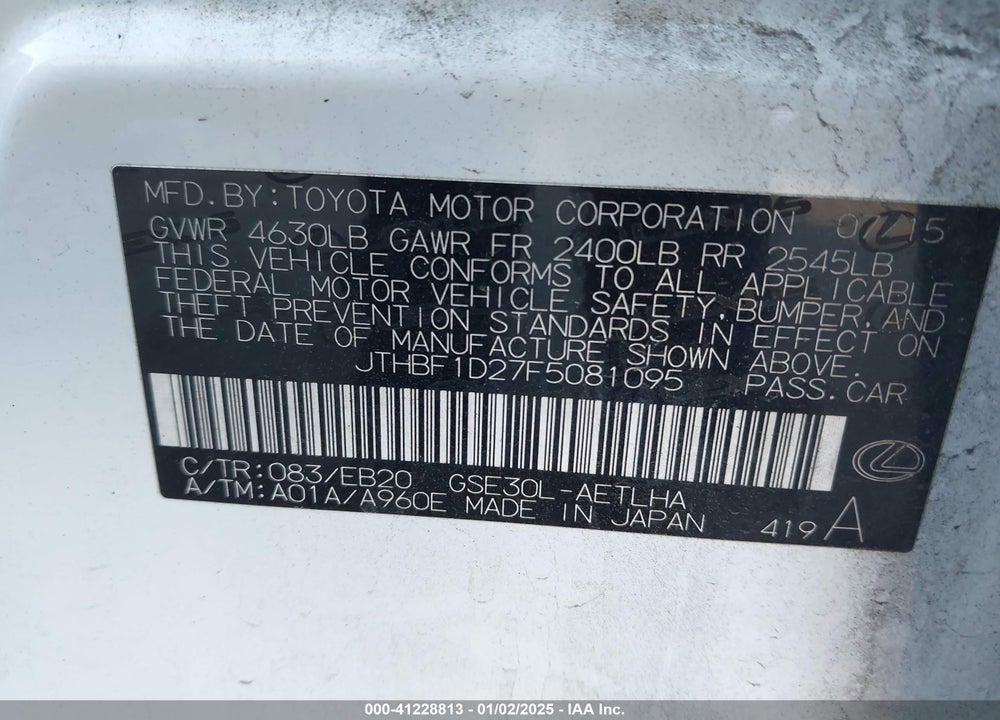 2015 LEXUS IS 250 VIN: JTHBF1D27F5081095