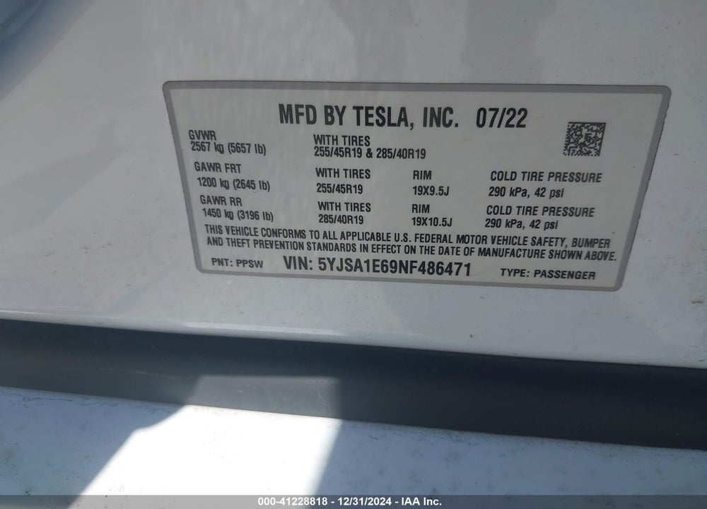 2022 TESLA MODEL S VIN: 5YJSA1E69NF486471