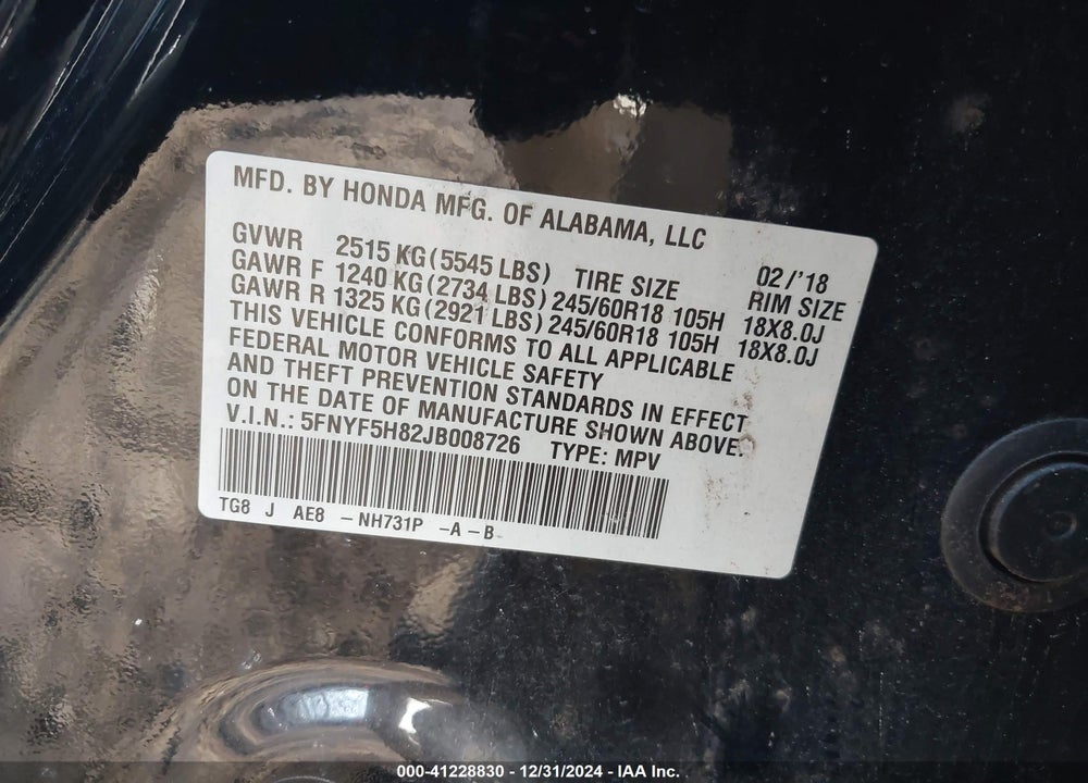 2018 HONDA PILOT EX-L VIN: 5FNYF5H82JB008726