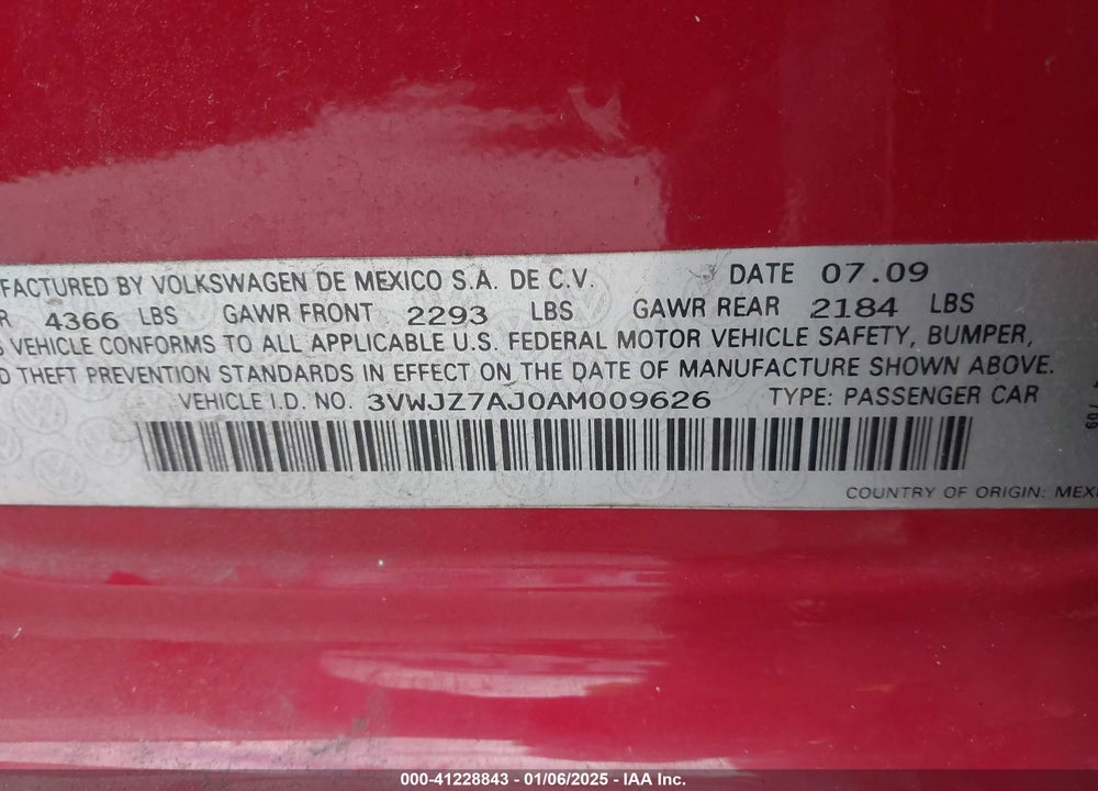 2010 VOLKSWAGEN JETTA VIN: 3VWJZ7AJ0AM009626