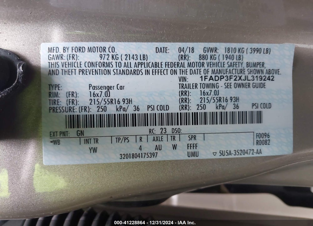 2018 FORD FOCUS SE VIN: 1FADP3F2XJL319242
