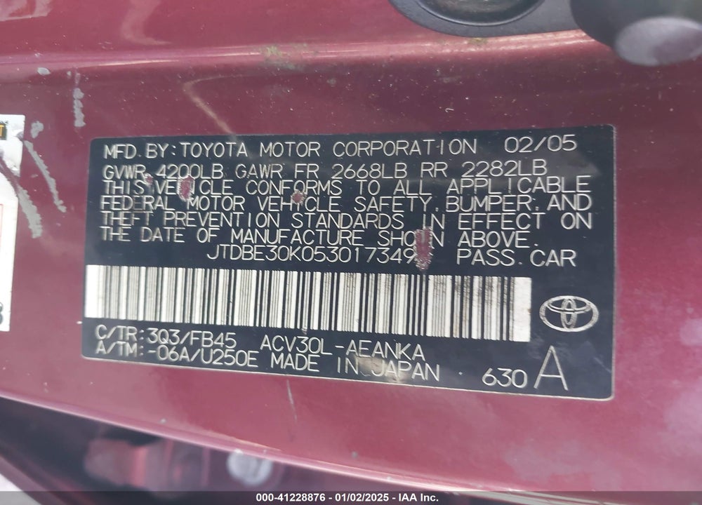 2005 TOYOTA CAMRY LE VIN: JTDBE30K053017349