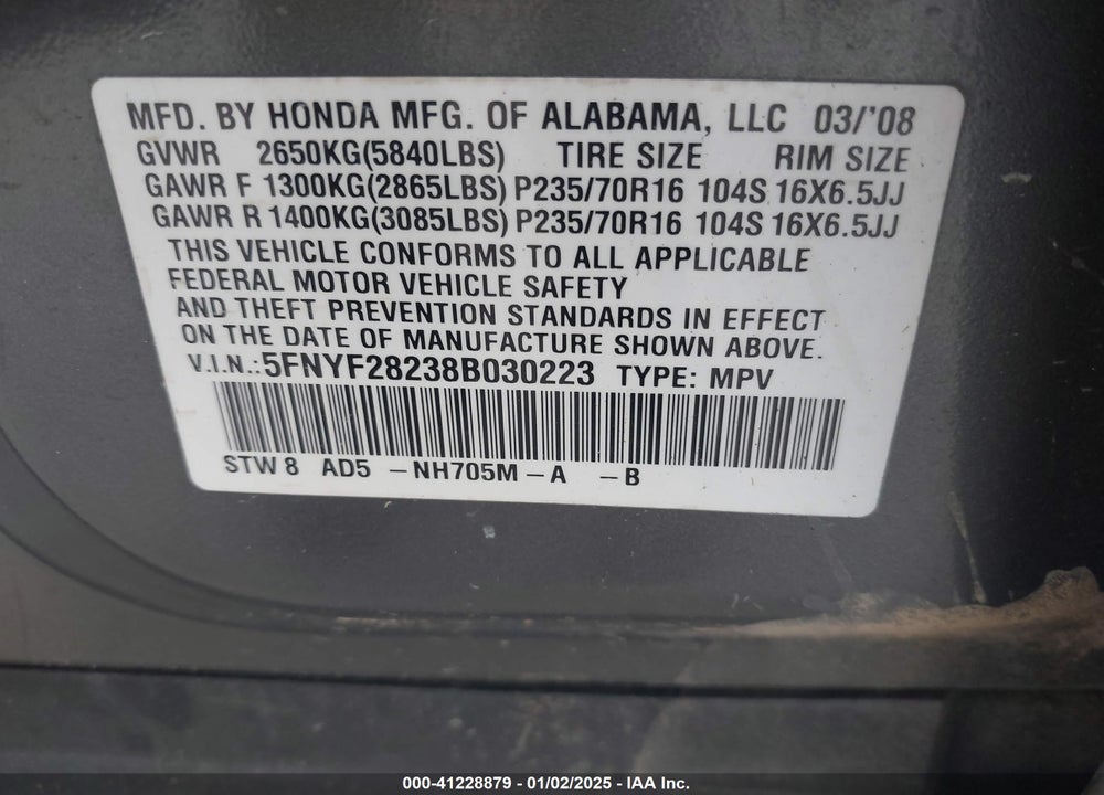 2008 HONDA PILOT VP VIN: 5FNYF28238B030223