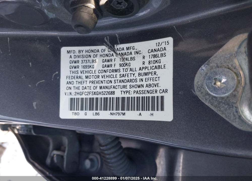 2016 HONDA CIVIC VIN: 2HGFC2F5XGH522688
