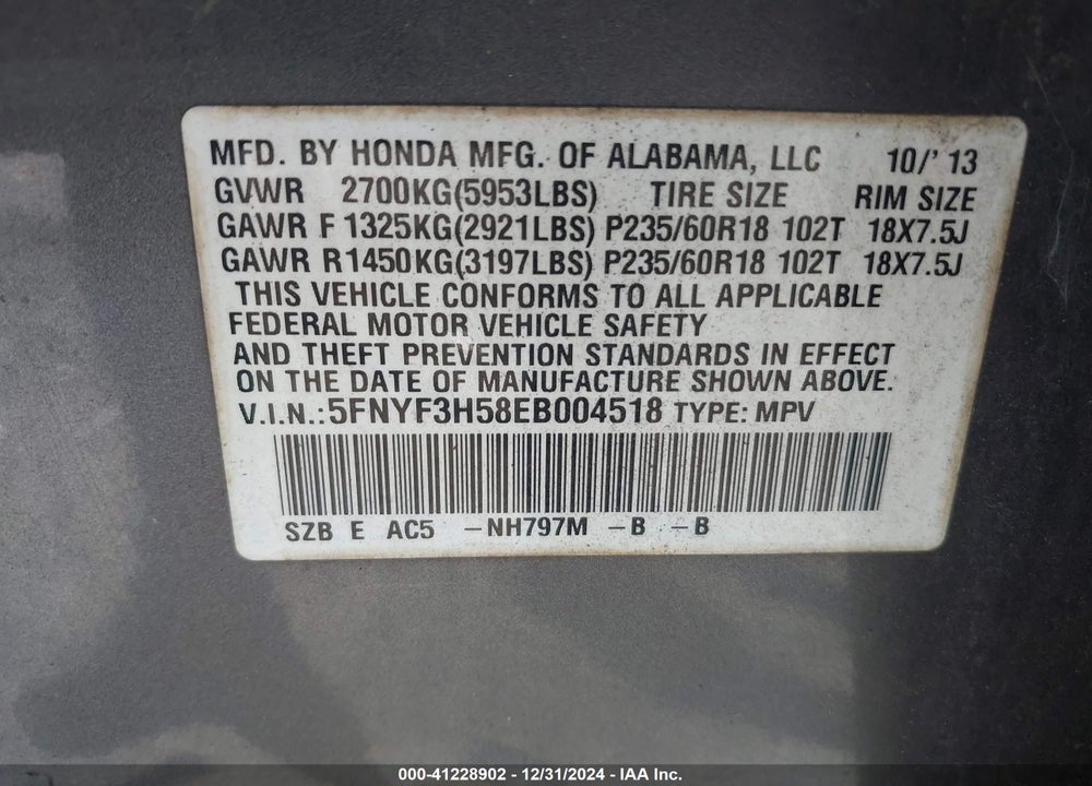 2014 HONDA PILOT EX-L VIN: 5FNYF3H58EB004518