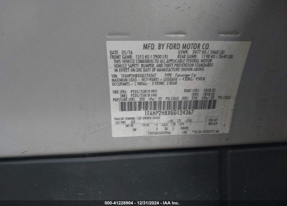 2016 FORD TAURUS VIN: 1FAHP2H8XGG124367