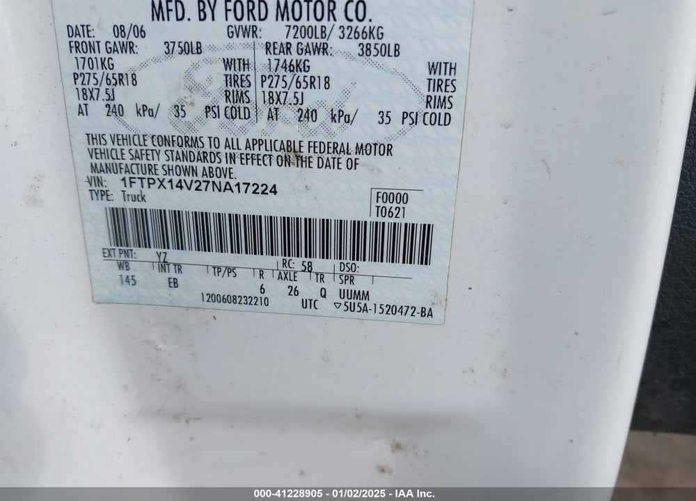 2007 FORD F-150 VIN: 1FTPX14V27NA17224